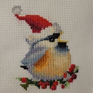 Festive Cross-Stitch Framed Chicadee In Santa Hat
